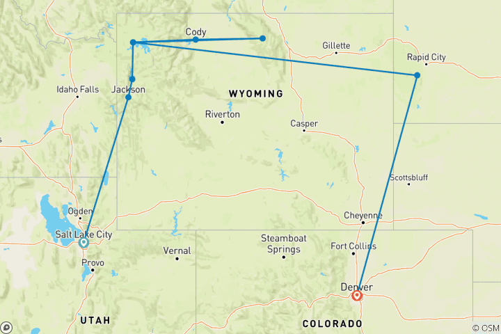 Kaart van American Parks trail - klassiek - eindpunt Denver - 9 dagen