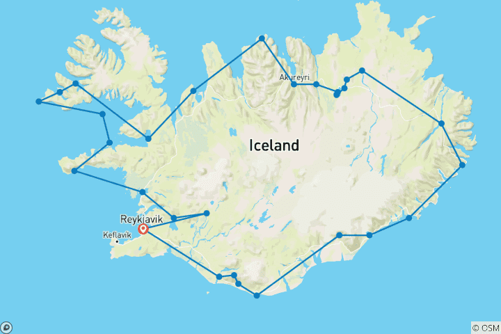 Map of 12 Days Grand Tour of Iceland