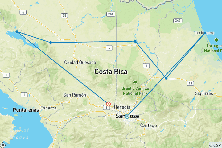 Mapa de Costa Rica tropical, 7 días