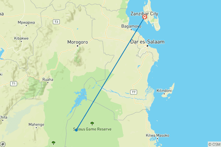 Kaart van Ontdek je uitgebreide gids voor 3-daagse privé-budget Nyerere safari in Tanzania vanuit Zanzibar