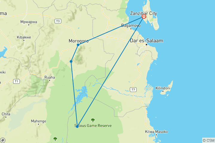 Karte von Nehmen Sie an unserer besten 6-tägigen All-inclusive-Privat-Safari nach Selous und Mikumi in Tansania teil, die von Sansibar aus startet