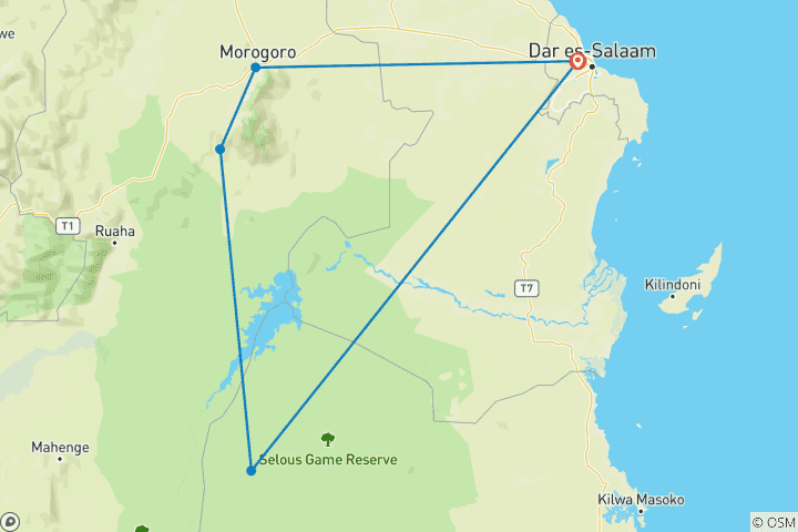Map of Discover Our Top Best Of All Top Best 6 Days Selous and Mikumi Budget Safari in Tanzania from Dar Es Salaam