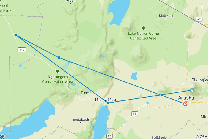 Map of Get Your World's Top Best 4-Day Budget Group Safari Guide From Nairobi to Serengeti & Ngorongoro