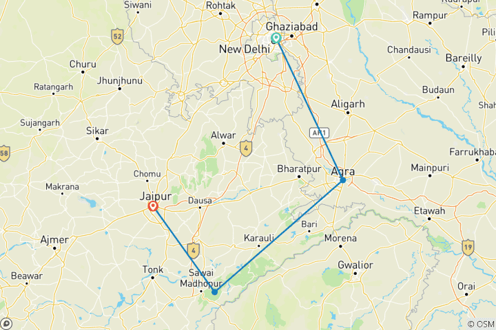 Carte du circuit Circuit privé du Triangle d'Or de l'Inde et de Ranthambhore dans des hôtels 4 étoiles et des hôtels du patrimoine