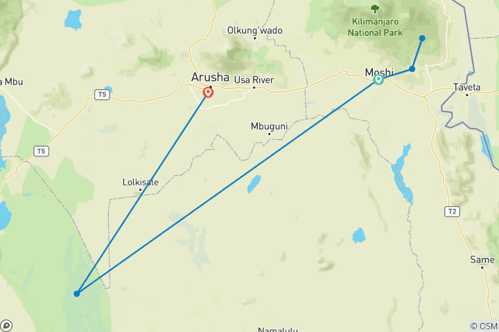 Map of 2 days Kilimanjaro day hike and Tanzania Safari to Tarangire- the short and excellent tour package with a reasonable price