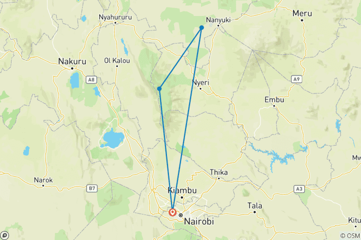 Map of 3-Days Aberdares & Sweetwaters Ol Pejeta Chimpanzee Sanctuary Private Safari