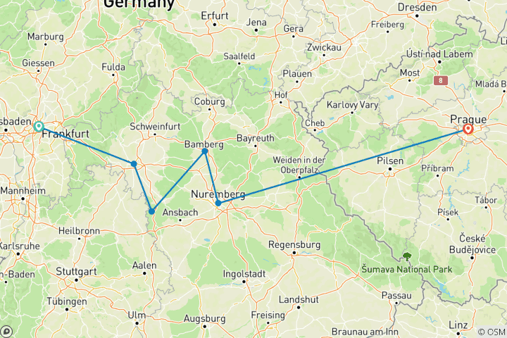 Carte du circuit Noël au cœur de l'Allemagne avec 2 nuits à Prague en 2026 (de Francfort-sur-le-Main à Prague)