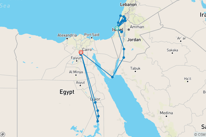 Carte du circuit Israël, Jordanie et Égypte : circuit de luxe de 13 jours avec croisière sur le Nil (chambre individuelle, hôtel 4 étoiles)