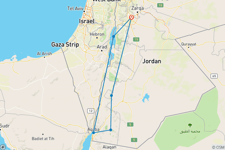 Mapa de Tras las huellas de los beduinos en Jordania: 8 días (habitación individual, hotel de 3 estrellas)