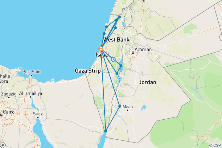 Map of Biblical Israel and Jordan 7 days (Single, 3* Hotel)
