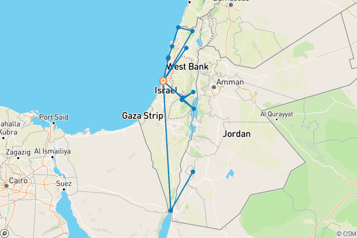 Carte du circuit Israël : 10 jours avec Petra (chambre individuelle, hôtel 3 étoiles)