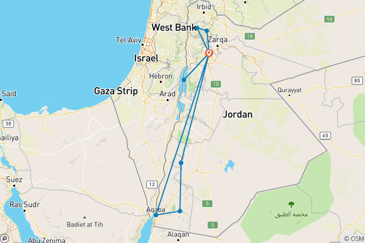 Mapa de Descubre Jordania en 8 días (habitación individual, hotel de 3 estrellas)