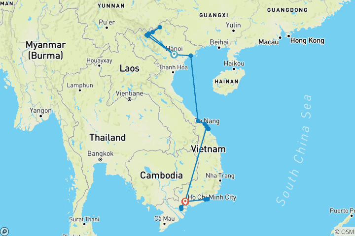 Karte von Highlights Vietnam mit Sapa und Badeurlaub in Mui Ne/Phan Thiet 21 Tage (inkl Flug) (13 Destinationen)