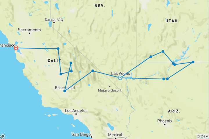 Map of Zion to San Francisco Adventure