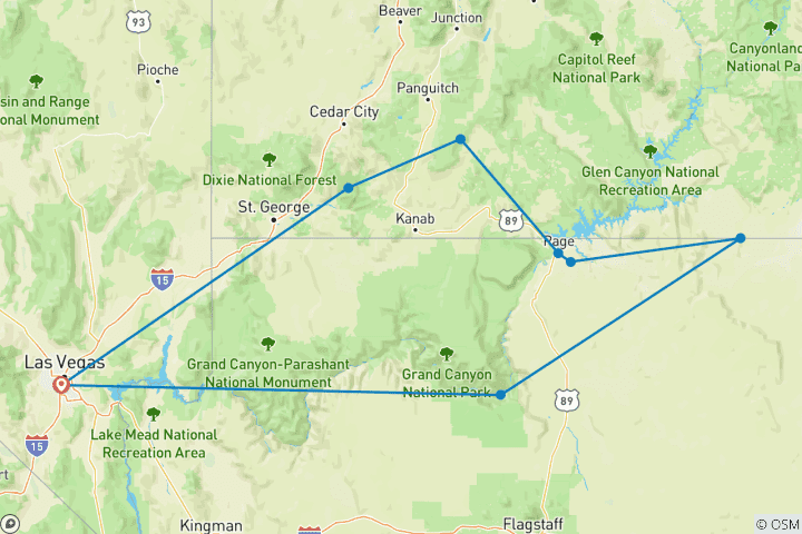 Carte du circuit Le meilleur des parcs nationaux de l'Utah et de l'Arizona