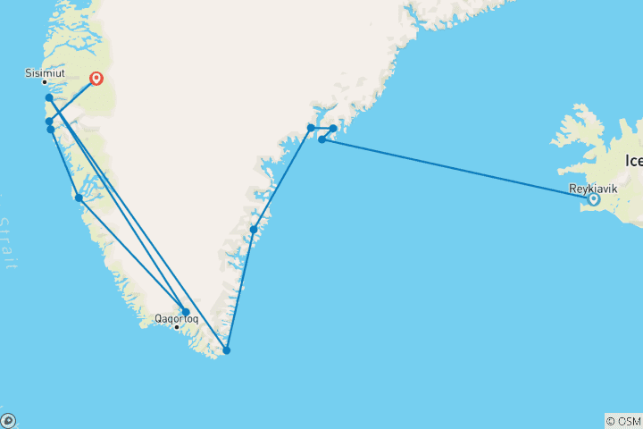 Carte du circuit Greenland Explorer 2026 - De l'Islande au Groenland (comprend un vol aller simple de Kangerlussuaq à Copenhague)