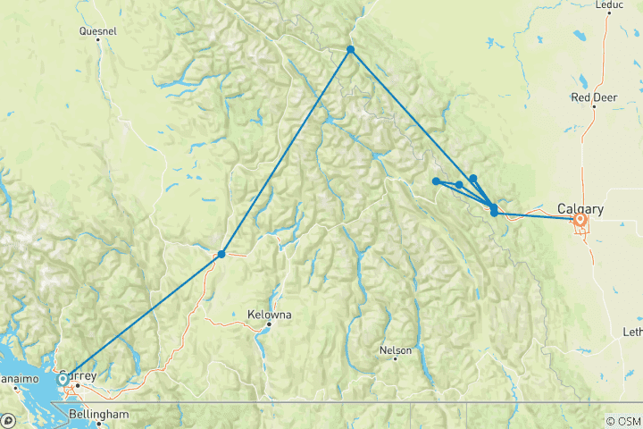 Map of 7-Day Canadian Rockies Winter Package: via Rail Vancouver to Calgary