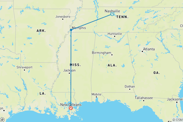 Map of Tennessee Music Trail to New Orleans