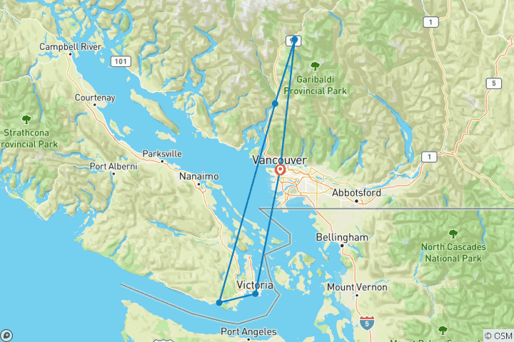 Carte du circuit Côte Ouest active Canada Découverte