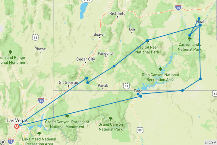 Carte du circuit Trek dans les parcs nationaux de l'Utah