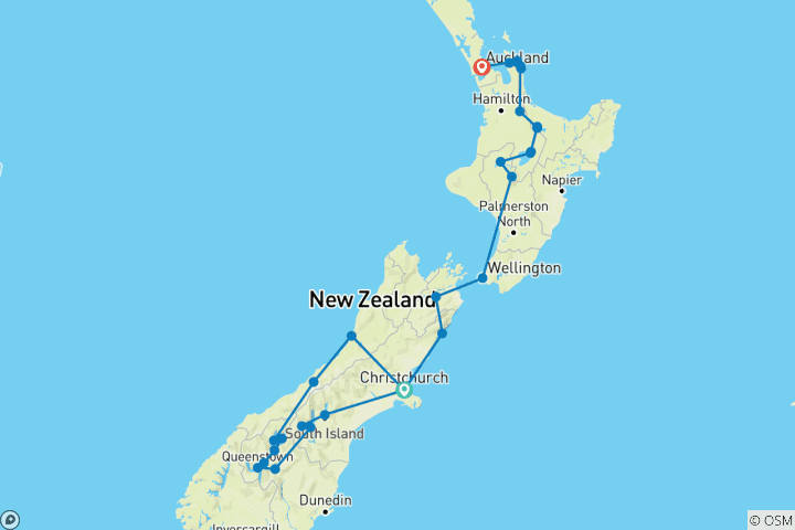 Carte du circuit Nouvelle-Zélande à découvert (vers le nord) (30 destinations)