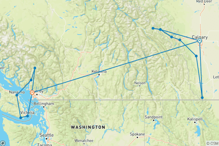 Carte du circuit Côte ouest active et Rocheuses canadiennes