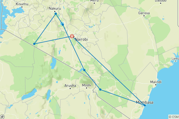 Carte du circuit 14 jours de safari au Kenya avec les Big Five et la plage