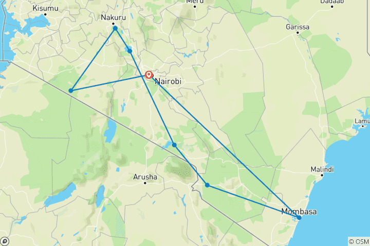 Carte du circuit 14 jours de safari au Kenya avec les Big Five et de vacances à la plage