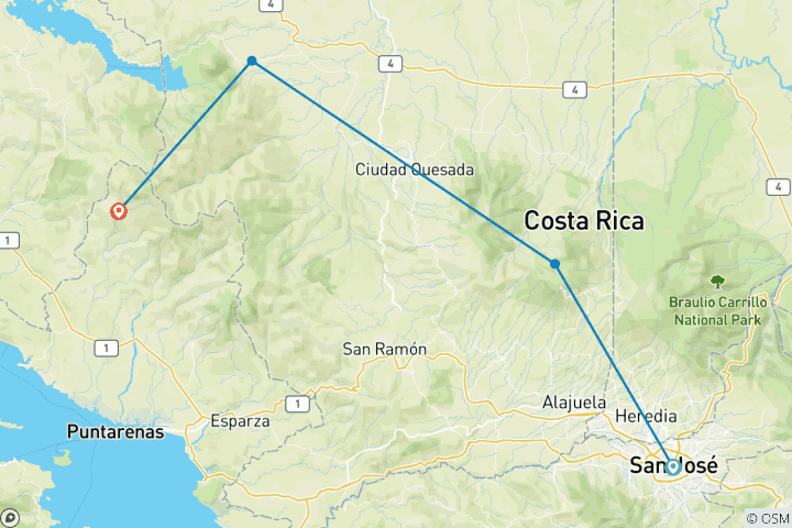 Carte du circuit Costa Rica : Volcans, forêts de nuages et tyroliennes