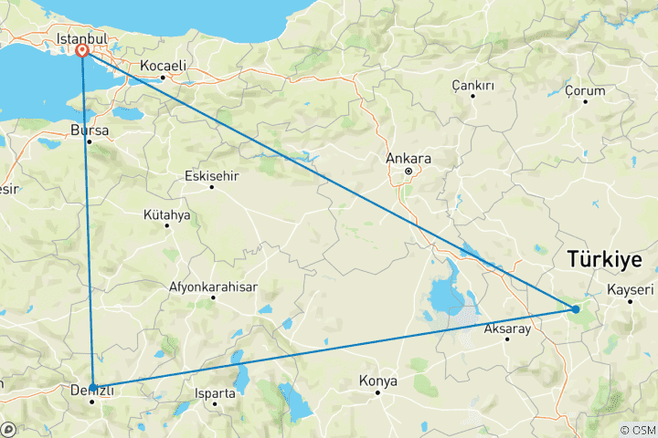Map of 5 Days Ephesus – Pamukkale – Cappadocia Tour from Istanbul