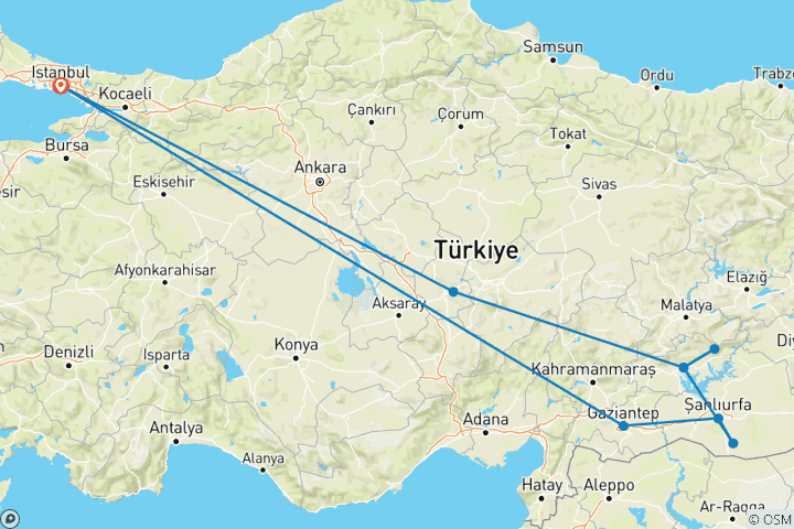 Mapa de Circuito de 5 días Capadocia - Monte Nemrut - Gobeklitepe - Gaziantep desde Estambul