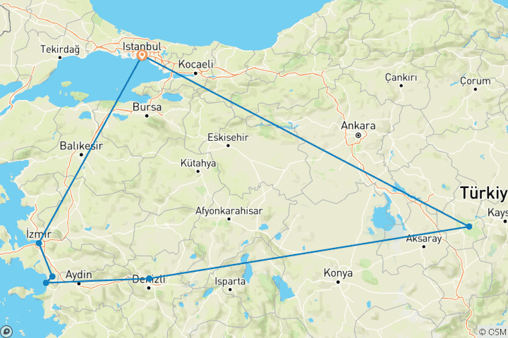 Kaart van 5-daagse Turkije Driehoek tour van Efeze - Pamukkale - Cappadocië