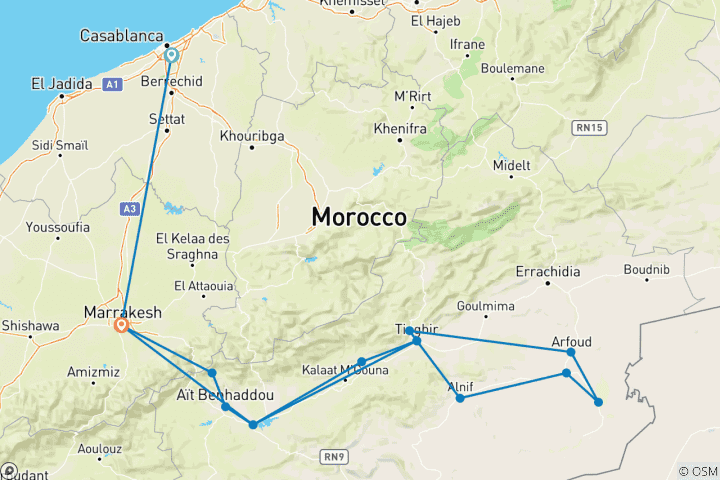 Kaart van 5-daagse Sahara Tocht van Casablanca naar de woestijn Merzouga via Marrakech