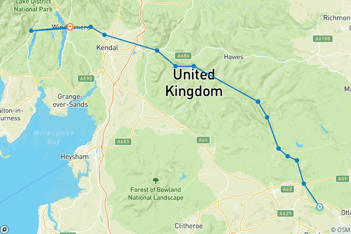 Karte von Dales Way von Ilkley nach Bowness on Windermere (8 Tage)