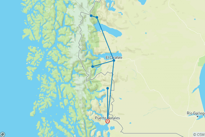 Carte du circuit Patagonie compacte - Voyage nature et randonnée de 12 jours dans les plus beaux parcs nationaux de Patagonie (12 jours)