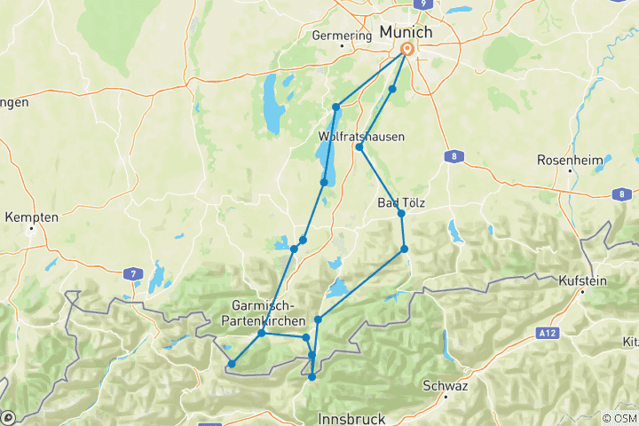 Karte von Münchner Seenrunde mit Charme - Isar-Radweg und bayerischen Seen (7 Tage)
