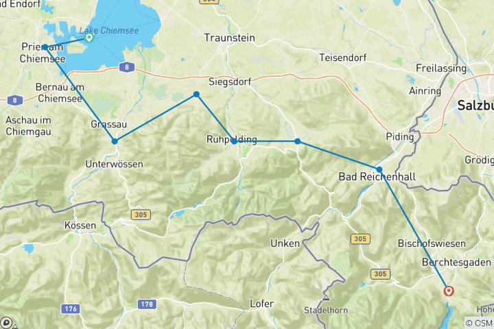 Karte von Salzalpensteig 1 - 8 Tage auf alten Salzwegen vom Chiemsee zum Königssee