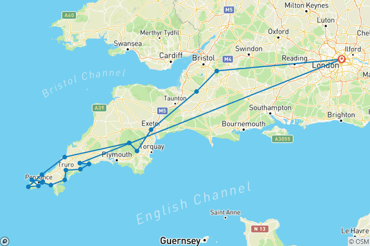 Carte du circuit Cornouailles : les incontournables (20 destinations)