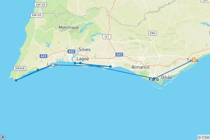 Carte du circuit Randonnée côtière en Algarve - d'ouest en est (8 jours)