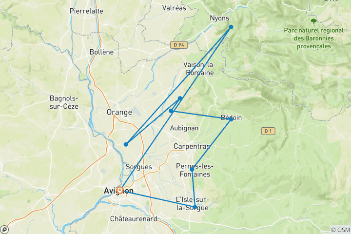 Karte von Für Genussradfahrer: Cotes-du-Rhone von Avignon nach Châteauneuf-du-Pape (7 Tage)