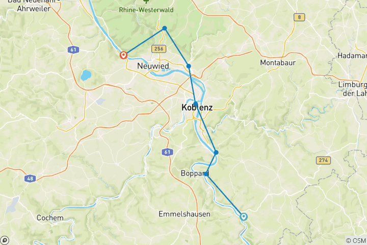 Carte du circuit 8 jours sur le sentier du Rhin de St. Goarshausen à Leutesdorf (8 jours)