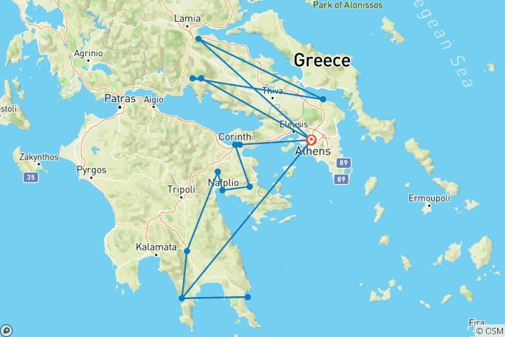 Mapa de Ruta de 6 días por el Patrimonio de Grecia - Delfos, Meteora y Peloponeso