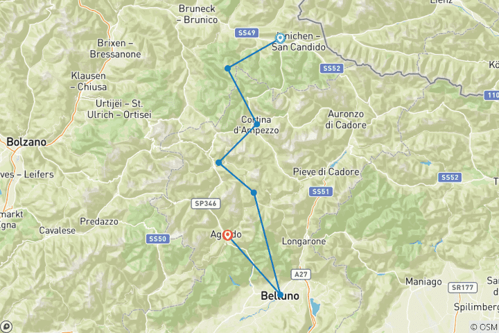 Mapa de Tirol del Sur – La ruta de altura de los Dolomitas n.º 1 (8 días)