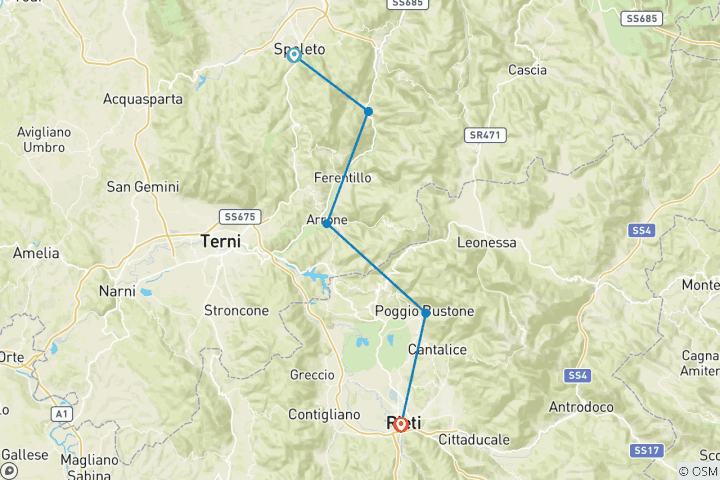 Karte von Franziskusweg – von Spoleto nach Rieti (7 Tage)