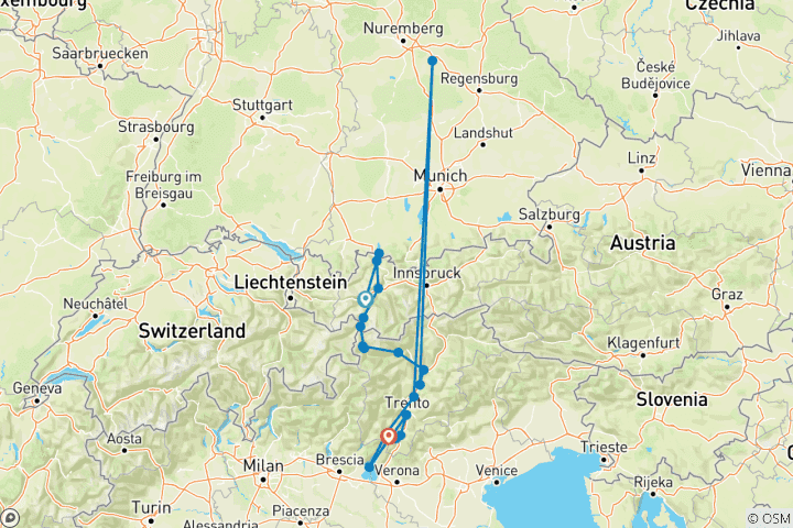 Karte von Via Claudia Augusta - Alpenüberquerung - Füssen - Riva del Garda - sportlich (7 Tage)