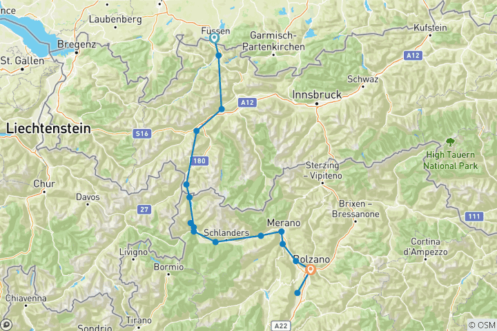 Karte von Via Claudia Augusta - Alpenüberquerung Füssen - Bozen - klassisch (7 Tage)