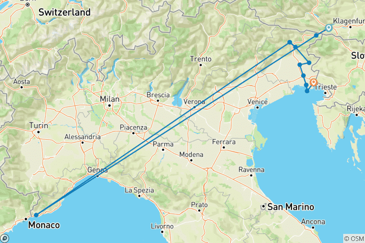 Carte du circuit Piste cyclable Alpe-Adria : Villach - Trieste, 8 jours
