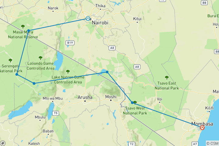 Kaart van Kenia & Tanzania - safari op de weg - middelste luxe-klasse - 8 dagen