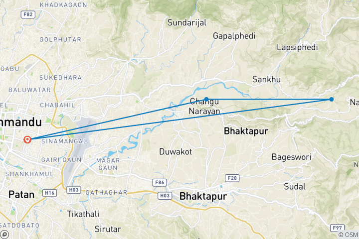 Kaart van Changunarayan Nagarkot Dag Trektocht