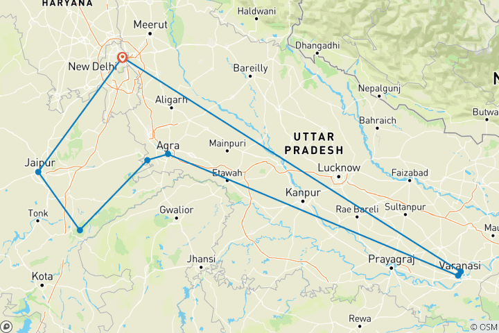 Kaart van Hoogtepunten van India met Varanasi